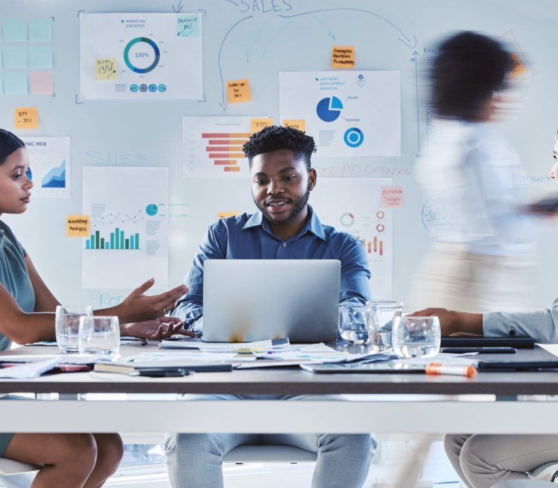 Digital marketing, advertising and business people in a meeting planning a branding strategy for a .